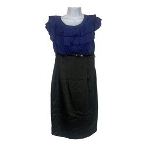 Ab Studio Womens Ruffled Blue & Black Belted Dress Size 4 NEW